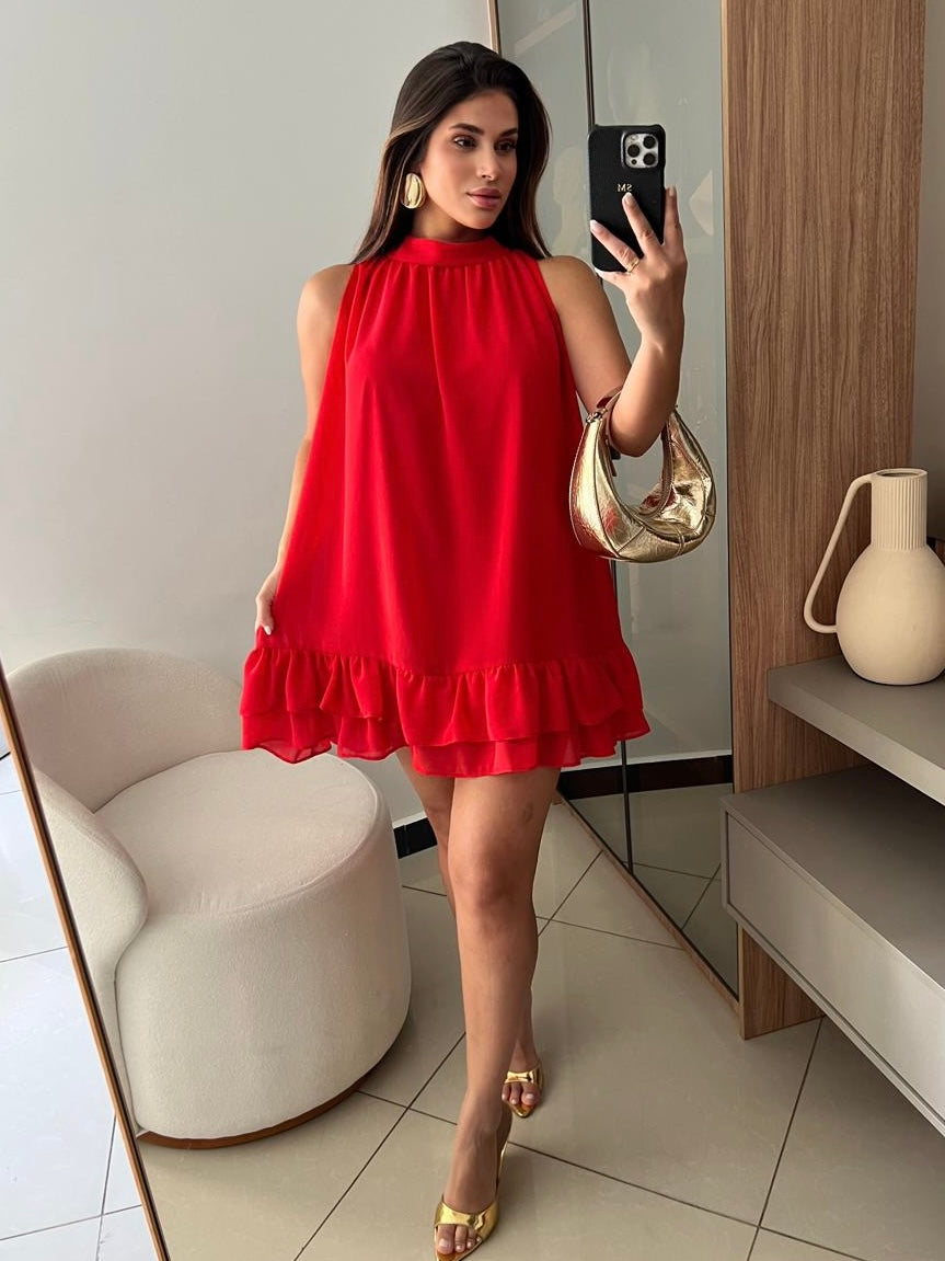 Vestido Aurora Vermelho- Midi com balanço perfeito e fluidez natural