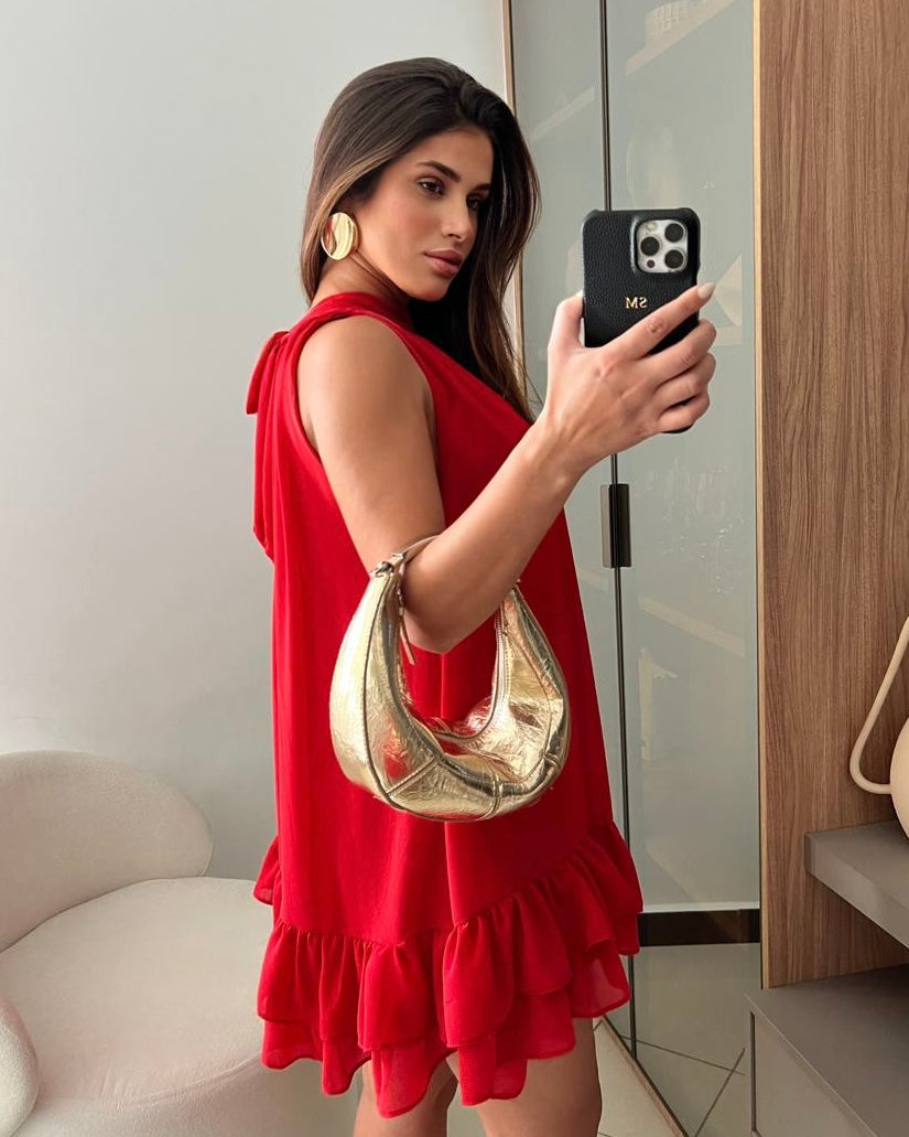 Vestido Aurora Vermelho- Midi com balanço perfeito e fluidez natural