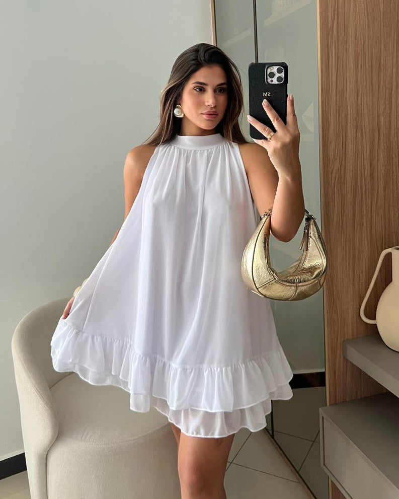 Vestido Aurora Branco- Midi com balanço perfeito e fluidez natural