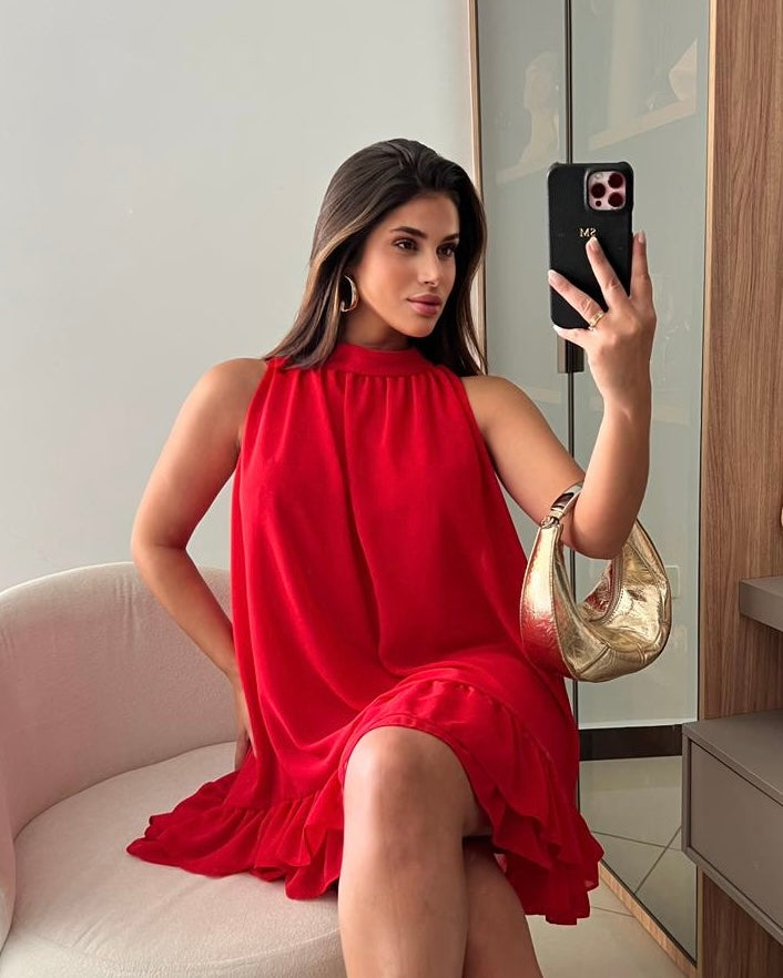 Vestido Aurora Vermelho- Midi com balanço perfeito e fluidez natural