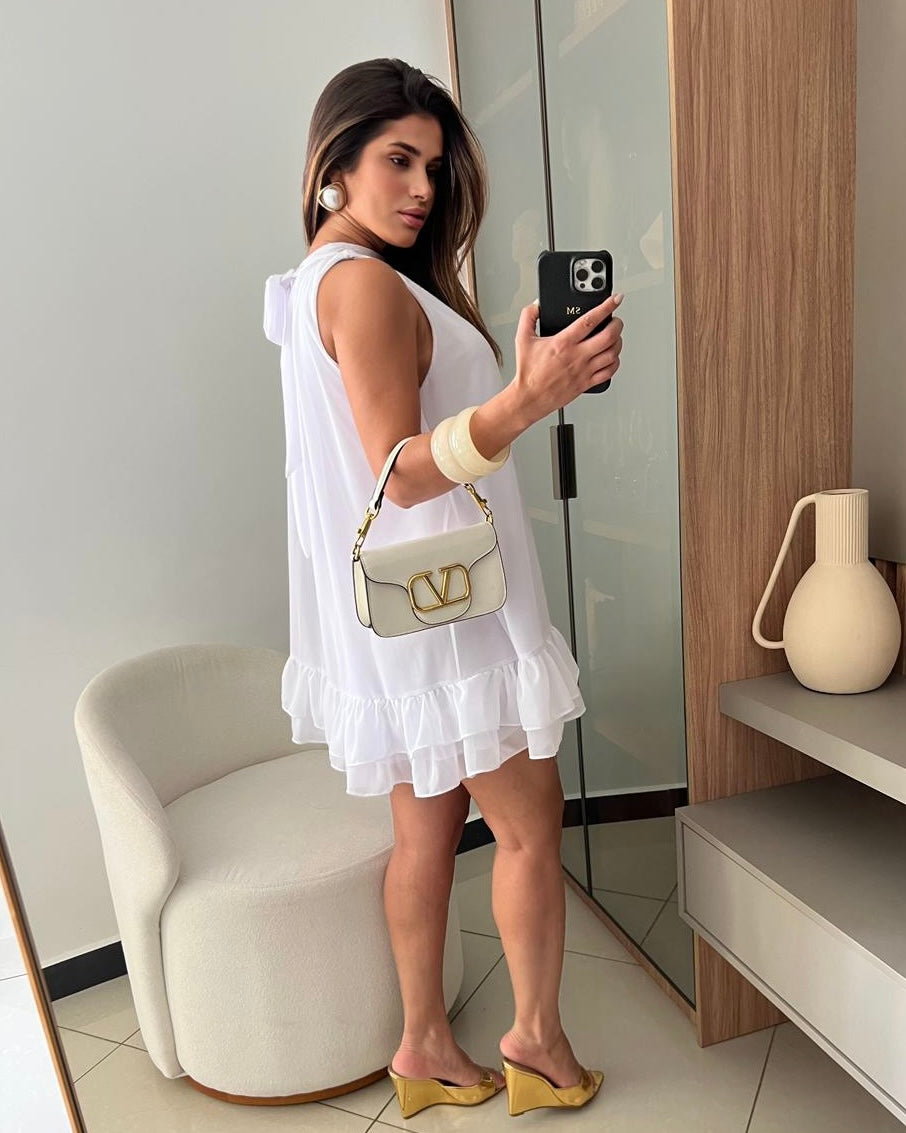 Vestido Aurora Branco- Midi com balanço perfeito e fluidez natural