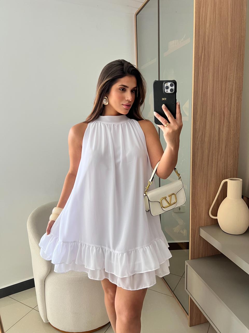 Vestido Aurora Branco- Midi com balanço perfeito e fluidez natural